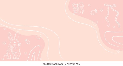 Hintergrunddesign mit Hasen, Bändern und Herzen in hellrosa und weißen Farben für saisonale Feiern
