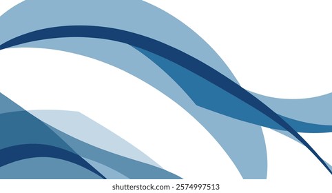 A Background design featuring smooth, flowing, overlapping curves in shades of dark and light blue, and a subtle gray, against a pure white background, resulting in a sophisticated, abstract design.