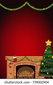 Background design with fireplace and christmas tree illustration