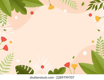 background design with flat illustrations of various plants and leaves