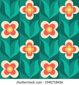 Background design - flowers and green leaves. Nature ornament seamless pattern. Floral garden concept background. Abstract geometric mosaic. Vector illustration. 