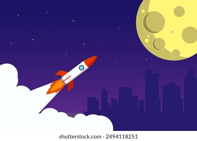 Background design of a flying rocket and moonlight above the city at night