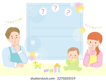 Background design frame of baby with troubled expression and mom and dad