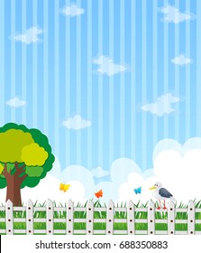 Background design with garden and blue sky illustration