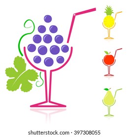Background design with grape and pear fruit drinks besides apple and pineapple beverages against a white background