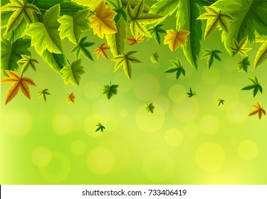 Background design with green leaves falling illustration