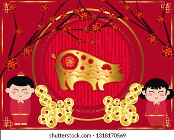 Background design greeting cards Happy Chinese New Year 2019 with Chinese characters and golden pig