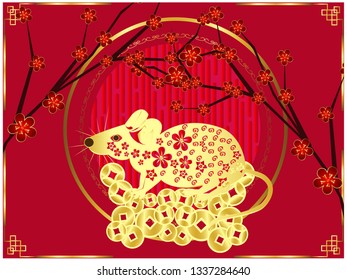 Background design greeting cards Happy Chinese New Year 2020 with golden mouse