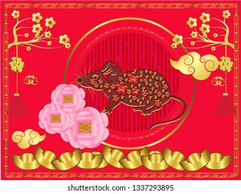Background design greeting cards Happy Chinese New Year 2020 with Chinese characters and golden mouse