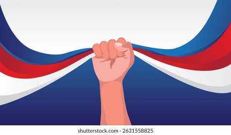 Background design of hands holding blue red white flag, Freedom day poster