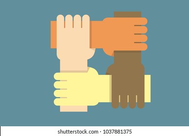 Background design with hands from people of different ethnicities together as one. Vector illustration for concepts of community, equal rights, community, charity work and teamwork success