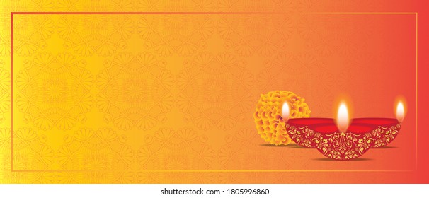 Background design for Happy Diwali festival with lamps and marigold flower