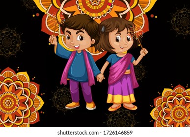 Background design with happy kids and mandala patterns illustration