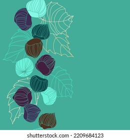 Background design with hazelnuts and leaves. Handwritten vector illustration.