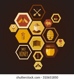 Background design with honey and bee objects.