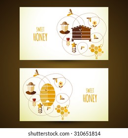 Background design with honey and bee objects.Vector business cards with honey 