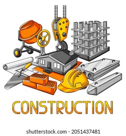Background design with housing construction items. Industrial repair or building symbols.