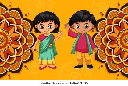 Background design with Indian kids and mandala patterns illustration