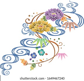 Background design. Japanese style illustration of peony and waves (Okinawa Prefecture).
