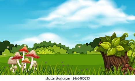 Background design of landscape with fiels with grass and mushrooms illustration