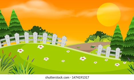 Background design of landscape with park at sunset illustration