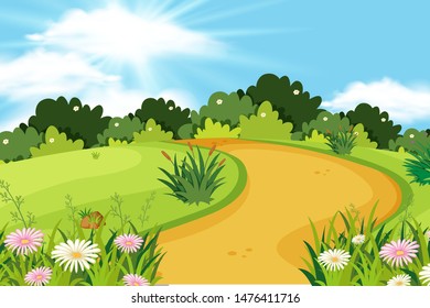 Diseño de fondo del paisaje con carretera en la ilustración del parque
