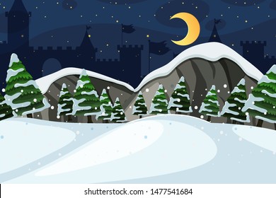 Background design of landscape with snow field at night illustration