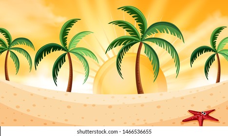 Background design of landscape with starfish on beach illustration