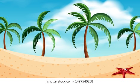Background design of landscape with starfish on beach illustration