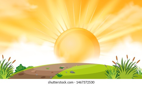 Diseño de fondo del paisaje con puesta de sol sobre la colina