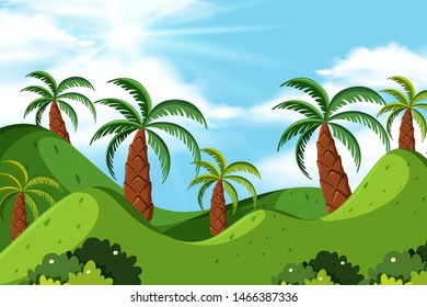 Background design of landscape with trees on hills illustration