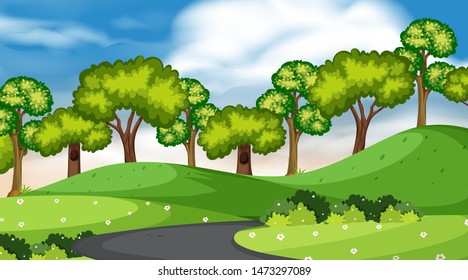 Background design of landscape with trees and road in the park illustration