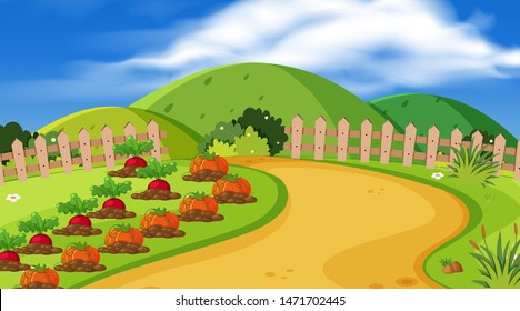 Background design of landscape with vegetables in garden illustration
