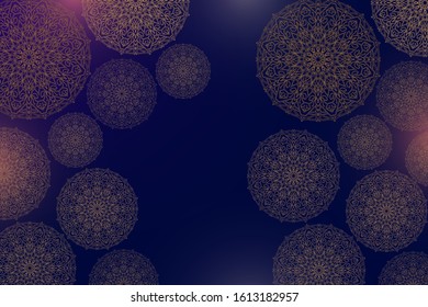 Background design with mandalas on blue illustration. Vintage pattern with round ornament, decorative indian medallion, abstract flower element. Henna vector design. EPS 10.