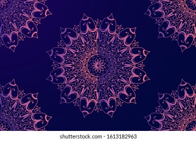 Background design with mandalas on blue illustration. Vintage pattern with round ornament, decorative indian medallion, abstract flower element. Henna vector design. EPS 10.