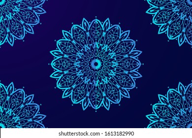 Background design with mandalas on blue illustration. Vintage pattern with round ornament, decorative indian medallion, abstract flower element. Henna vector design. EPS 10.