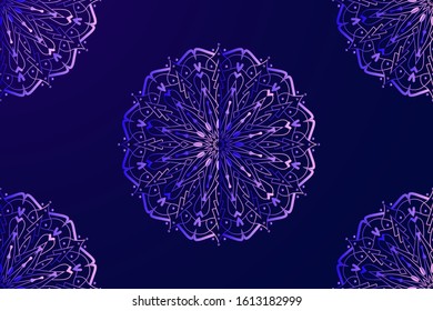 Background design with mandalas on blue illustration. Vintage pattern with round ornament, decorative indian medallion, abstract flower element. Henna vector design. EPS 10.