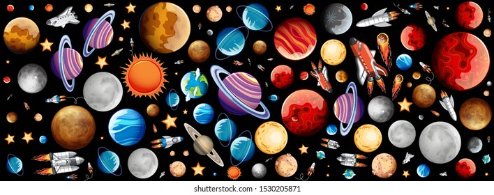 Background design with many planets in space illustration