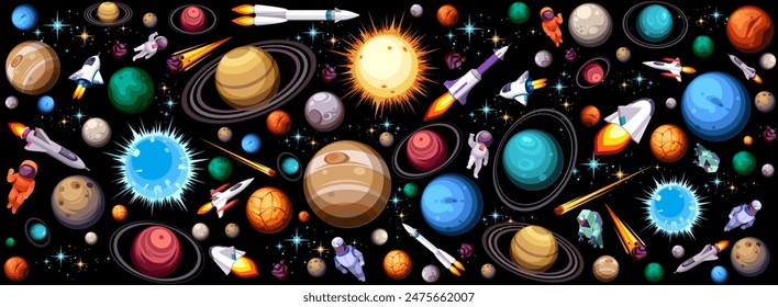 Background design with many planets in space illustration. Space icon set and astronaut