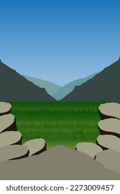 El diseño de fondo del prado en la montaña es adecuado para los fondos, postales, etc