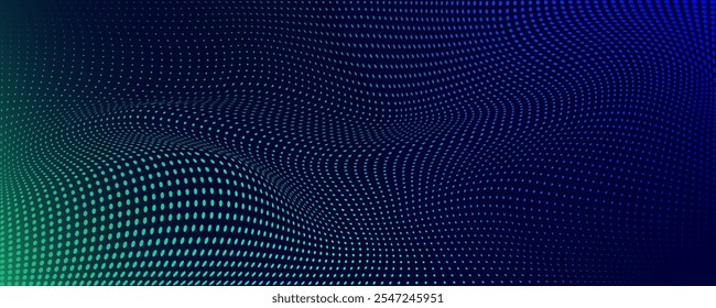 Background design with moving abstract wave glowing dots, neon lights in blue, green gradient. Hi-tech or technological mood Modern,signs of the human brain shift of energy.