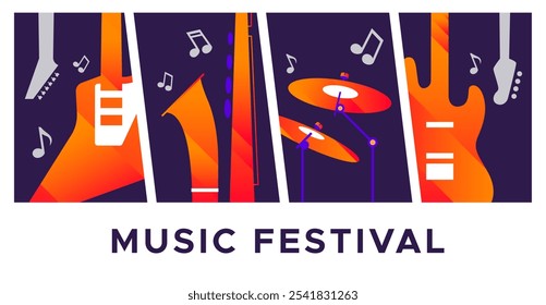 Hintergrunddesign mit einem Musikfestival-Festkonzept mit Gitarre, Trommel und Trompeten-Musikinstrumenten. Vektormusikinstrumente für Pop, Jazz und andere