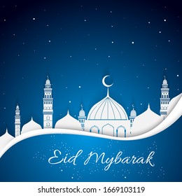 Background design for Muslim festival eid Mubarak. Arabic calligraphy design for Ramadan Kareem, white mosque element. Eid-al-Adha greeting, vector illustration.