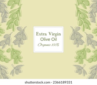 Background design for olive products. Simple linear style olive branch background. Composition with olives and typography