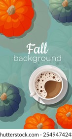 Background design on a blue background with morning coffee. Autumn mood is warm and cozy, pumpkins. Coffee in a white cup top view