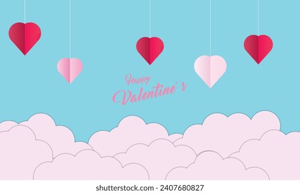 Background design with paper cut clouds. Place for text. Happy Valentine's Day sale header with hanging hearts.