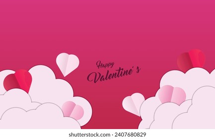 Diseño de fondo con nubes cortadas de papel. Colocar el texto. Feliz encabezado de venta del Día de San Valentín con corazones colgantes.