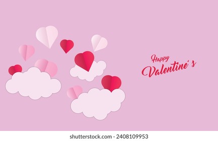 Background design with paper cut clouds. Place for text. Happy Valentine's Day sale header with hanging hearts.
