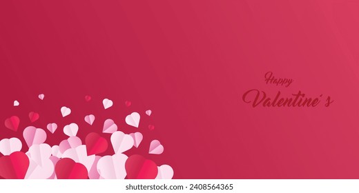 Background design with paper cut clouds. Place for text. Happy Valentine's Day sale header with hanging hearts.
