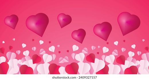 Background design with paper cut clouds. Place for text. Happy Valentine's Day sale header with hanging hearts.